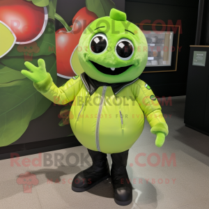 Lime Green Melon mascot costume character dressed with a Leather Jacket and Gloves