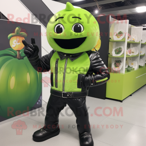 Lime Green Melon mascot costume character dressed with a Leather Jacket and Gloves