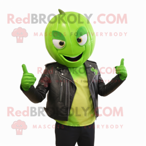 Lime Green Melon mascot costume character dressed with a Leather Jacket and Gloves