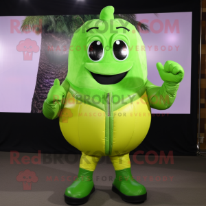 Lime Green Melon mascot costume character dressed with a Leather Jacket and Gloves