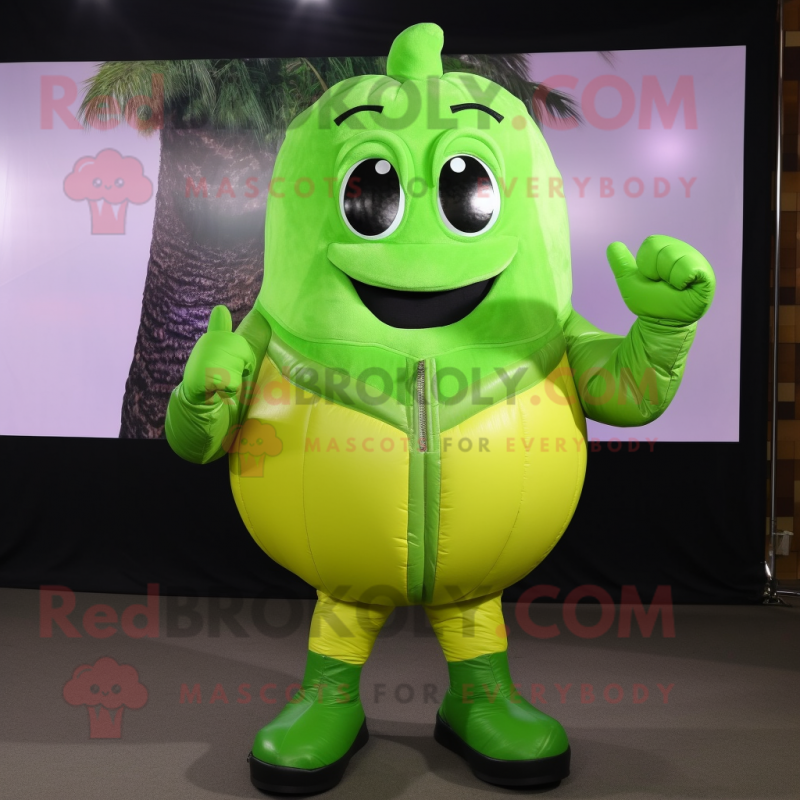 Lime Green Melon mascot costume character dressed with a Leather Jacket and Gloves Lime Green Melon mascot costume character dressed with a Leather Jacket and Gloves