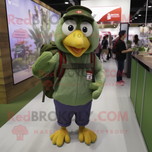 Olive Chicken mascot costume character dressed with a Dungarees and Backpacks