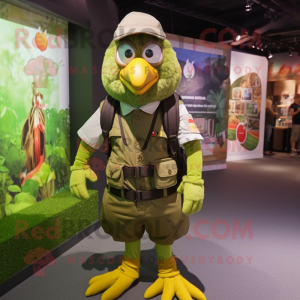 Olive Chicken mascot costume character dressed with a Dungarees and Backpacks