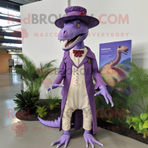 Purple Spinosaurus mascot costume character dressed with a Blouse and Hat pins