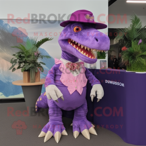 Purple Spinosaurus mascot costume character dressed with a Blouse and Hat pins