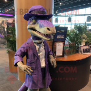 Purple Spinosaurus mascot costume character dressed with a Blouse and Hat pins