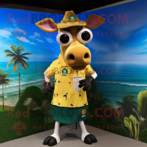 Gold Jersey Cow mascot costume character dressed with a Bermuda Shorts and Ties