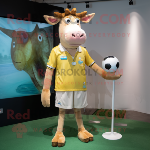 Gold Jersey Cow mascot costume character dressed with a Bermuda Shorts and Ties