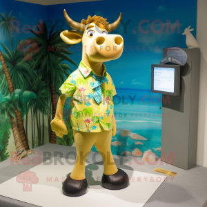 Gold Jersey Cow mascot costume character dressed with a Bermuda Shorts and Ties