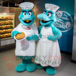 Teal Chicken Parmesan mascot costume character dressed with a Wedding Dress and Cummerbunds