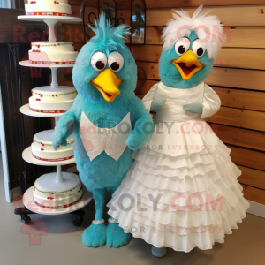 Teal Chicken Parmesan mascot costume character dressed with a Wedding Dress and Cummerbunds