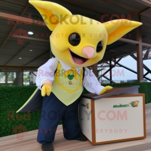 Lemon Yellow Fruit Bat mascot costume character dressed with a Trousers and Suspenders