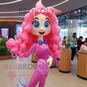 Pink Mermaid mascot costume character dressed with a Vest and Hairpins