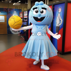 Sky Blue Meatballs mascot costume character dressed with a Empire Waist Dress and Shoe laces