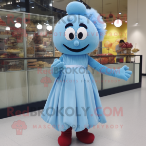 Sky Blue Meatballs mascot costume character dressed with a Empire Waist Dress and Shoe laces