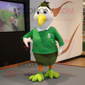 Green Guinea Fowl mascot costume character dressed with a Running Shorts and Earrings
