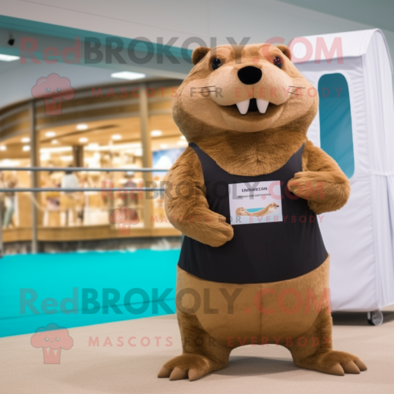 Tan Beaver mascot costume character dressed with a One-Piece Swimsuit and Clutch bags