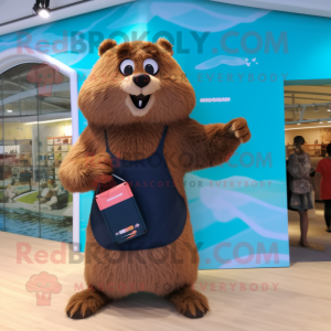 Tan Beaver mascot costume character dressed with a One-Piece Swimsuit and Clutch bags