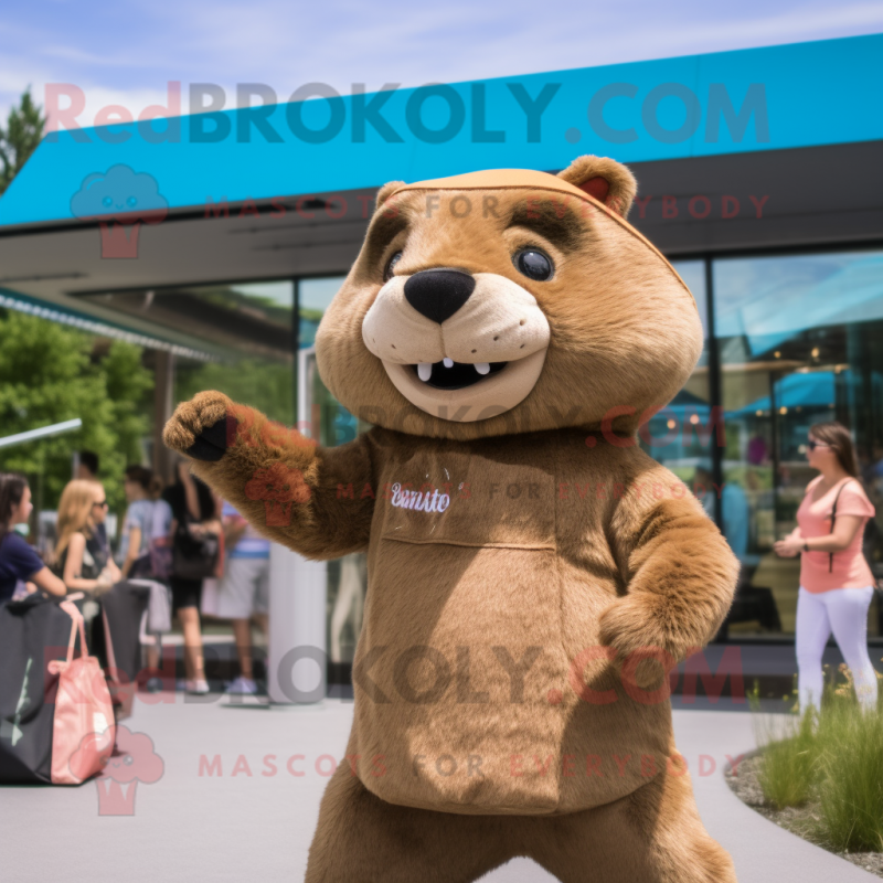 Tan Beaver mascot costume character dressed with a One-Piece Swimsuit and Clutch bags