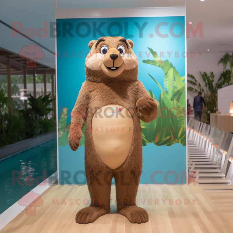 Tan Beaver mascot costume character dressed with a One-Piece Swimsuit and Clutch bags