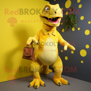 Yellow Iguanodon mascot costume character dressed with a Playsuit and Clutch bags