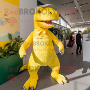 Yellow Iguanodon mascot costume character dressed with a Playsuit and Clutch bags
