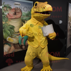 Gul Iguanodon maskot kostym...