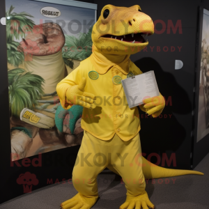 Yellow Iguanodon mascot costume character dressed with a Playsuit and Clutch bags