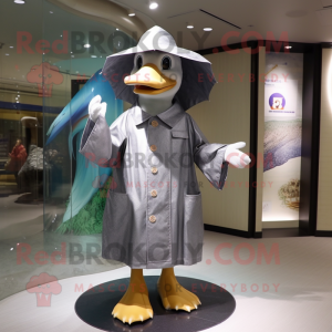 Gray Duck mascot costume character dressed with a Raincoat and Hat pins