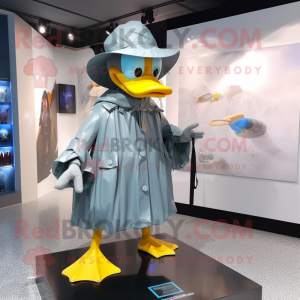 Gray Duck mascot costume character dressed with a Raincoat and Hat pins