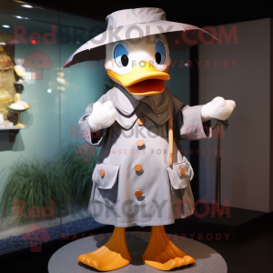 Gray Duck mascot costume character dressed with a Raincoat and Hat pins