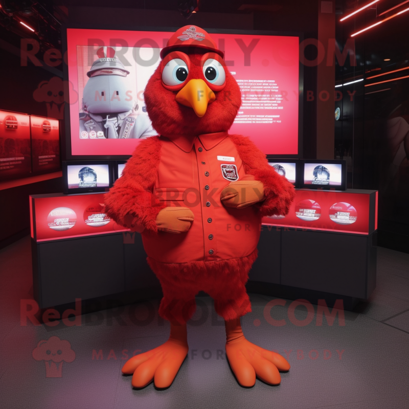 Red Quail mascot costume character dressed with a Jacket and Digital watches