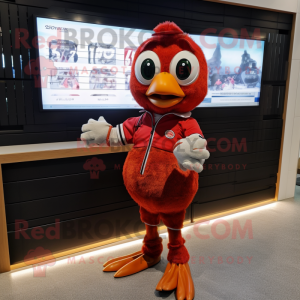 Red Quail mascot costume character dressed with a Jacket and Digital watches