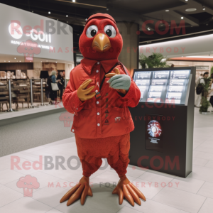 Red Quail mascot costume character dressed with a Jacket and Digital watches