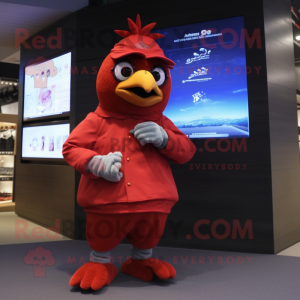 Red Quail mascot costume character dressed with a Jacket and Digital watches