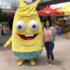 Lemon Yellow Tacos mascot costume character dressed with a Mom Jeans and Watches