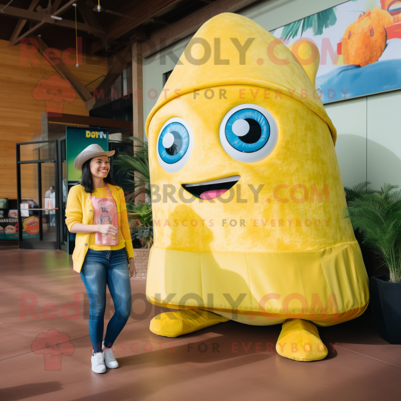 Lemon Yellow Tacos mascot costume character dressed with a Mom Jeans and Watches