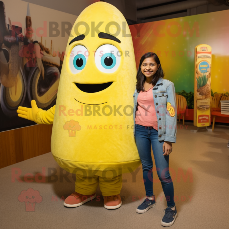 Lemon Yellow Tacos mascot costume character dressed with a Mom Jeans and Watches Lemon Yellow Tacos mascot costume character dressed with a Mom Jeans and Watches