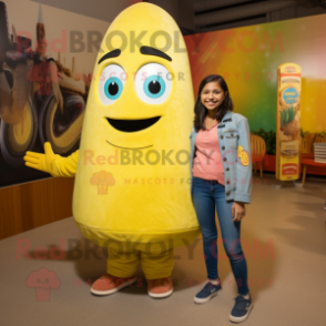 Lemon Yellow Tacos mascot costume character dressed with a Mom Jeans and Watches