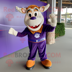 Purple Jersey Cow mascot costume character dressed with a Corduroy Pants and Gloves
