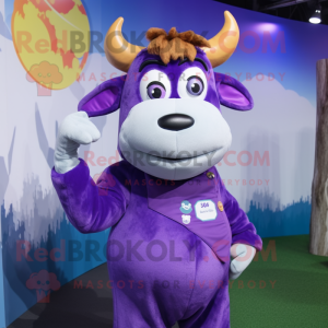 Purple Jersey Cow mascot costume character dressed with a Corduroy Pants and Gloves