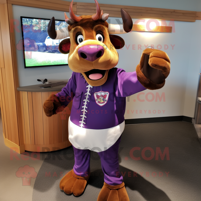 Purple Jersey Cow mascot costume character dressed with a Corduroy Pants and Gloves