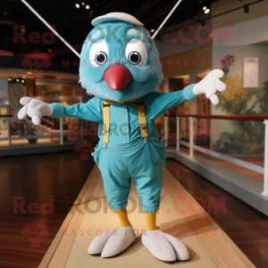 Teal Tightrope Walker mascot costume character dressed with a Poplin Shirt and Backpacks