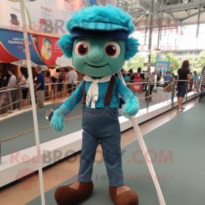 Teal Tightrope Walker mascot costume character dressed with a Poplin Shirt and Backpacks