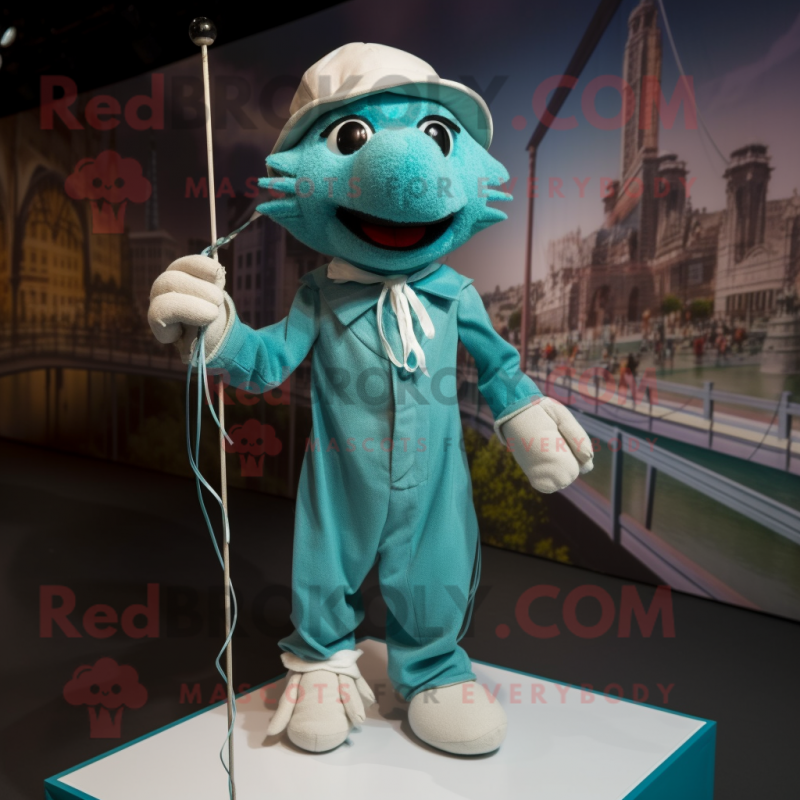 Teal Tightrope Walker mascot costume character dressed with a Poplin Shirt and Backpacks Teal Tightrope Walker mascot costume character dressed with a Poplin Shirt and Backpacks