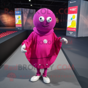 Magenta Petanque Ball mascot costume character dressed with a Jeans and Shawls