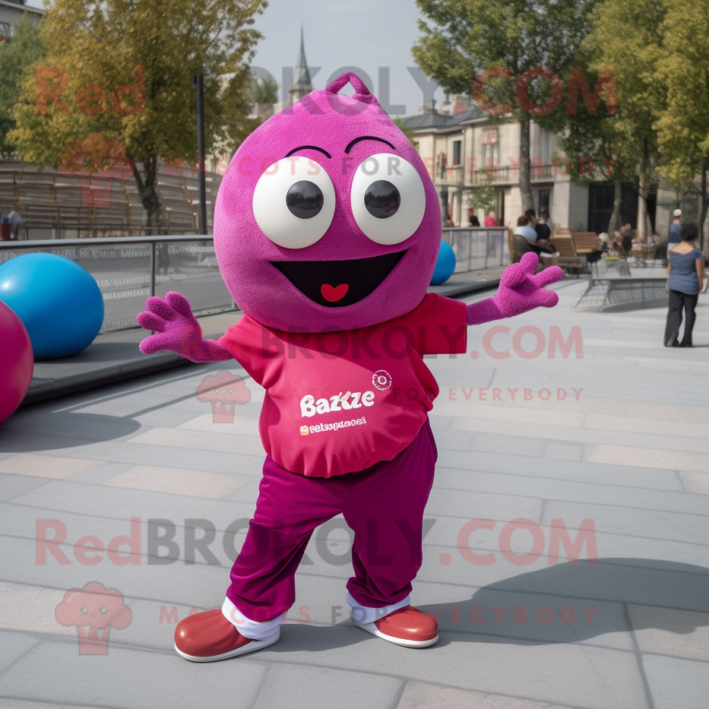 Magenta Petanque Ball mascot costume character dressed with a Jeans and Shawls