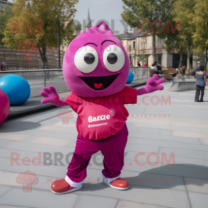 Magenta Petanque Ball mascot costume character dressed with a Jeans and Shawls