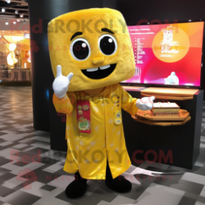 Gold Sushi mascot costume character dressed with a Button-Up Shirt and Wallets