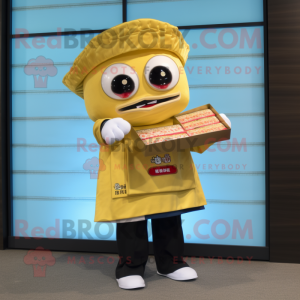 Gold Sushi mascot costume character dressed with a Button-Up Shirt and Wallets